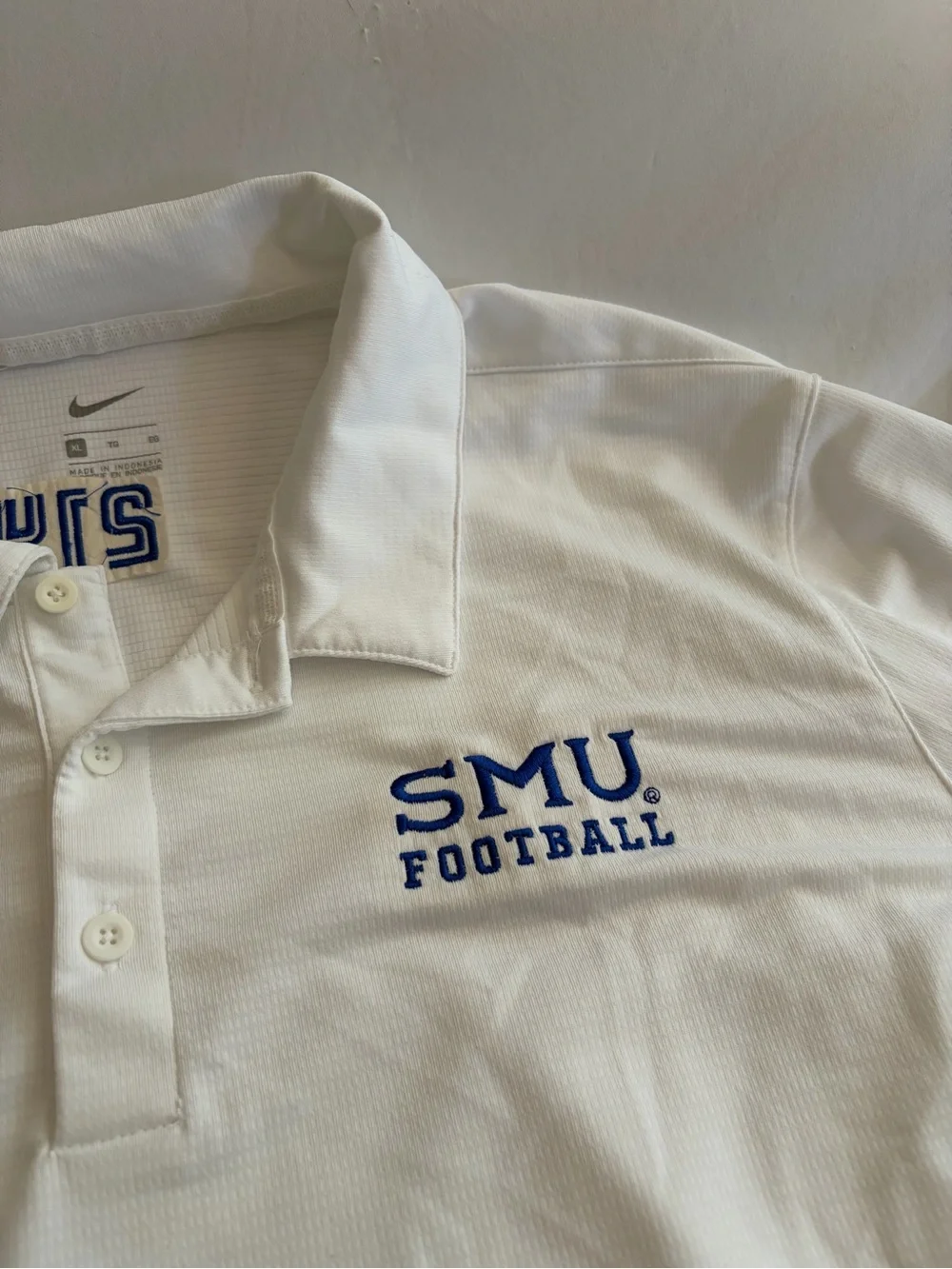 Nike White Polo with Blue SMU Football Embroidery